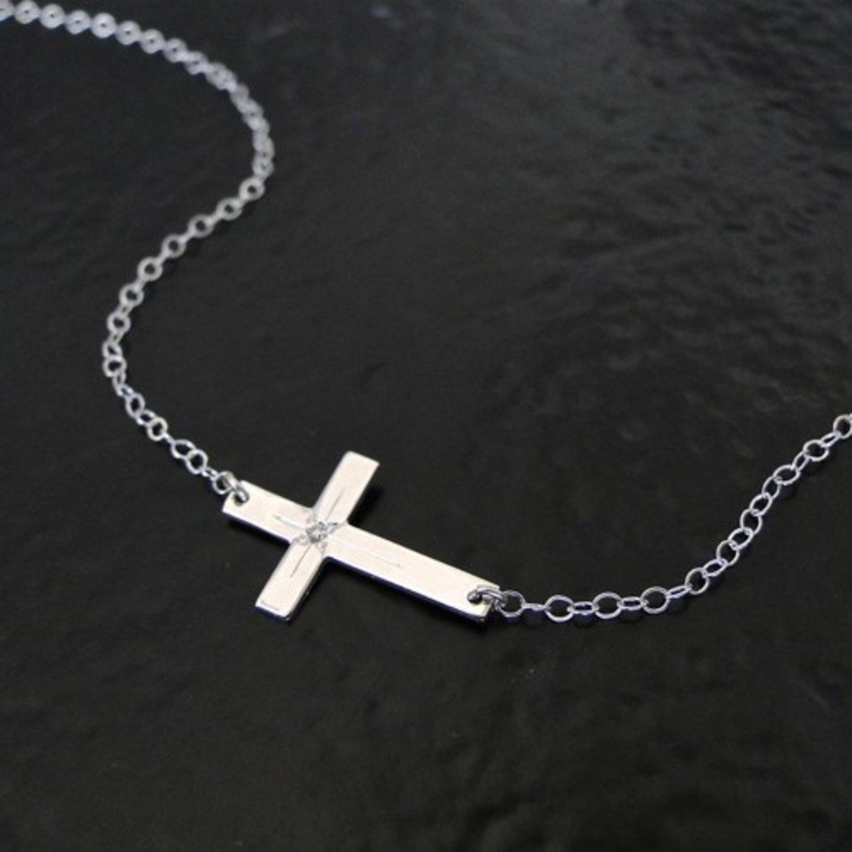 White Gold Sideways Cross Necklace