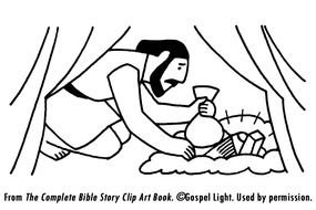 black and white drawing of a man with a bag of coins