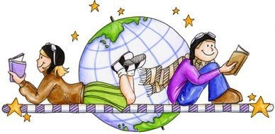 drawing children read books on a background of the globe