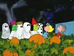 ghosts among pumpkins as a cartoon character