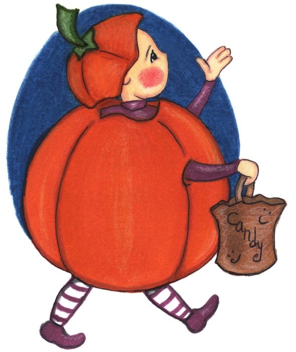 Trick Or Treat, child girl in pumpkin, drawing