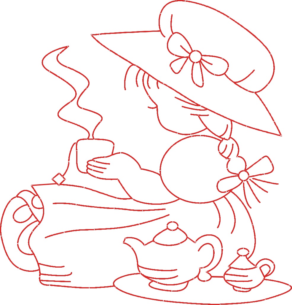 Child girl in Sunbonnet drinks tea, coloring page free image download