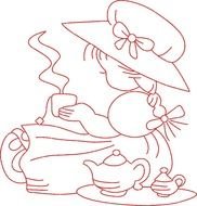 child girl in Sunbonnet drinks tea, coloring page