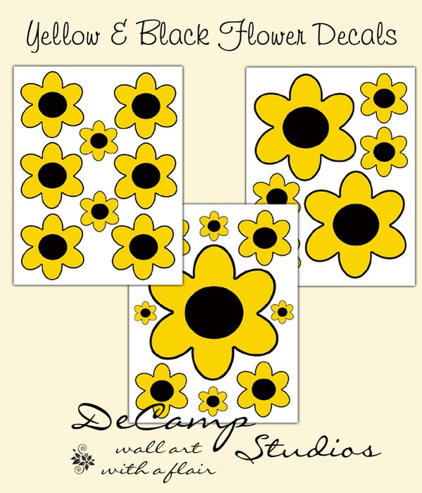 Yellow Black Flower Wall Art Girl Decals Childrens Room Decor