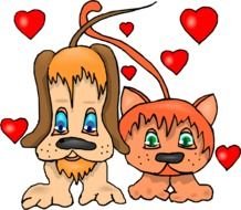 Cartoon Of Dog And Cat With Red Hearts Swirling Around