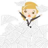 Cartoon business woman sinking in overload of paper works