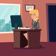 Businesswoman Character at desk working on computer Stylish Room Background