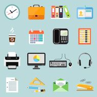 Icons of business office equipment and stationery