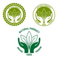 Natural product icon with hands and leaves