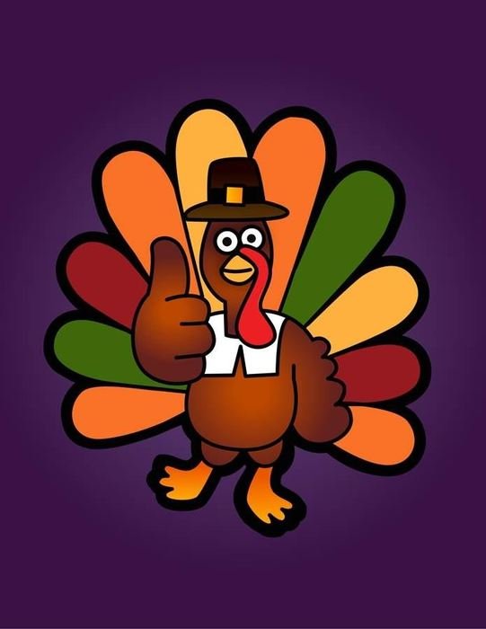 painted multi-colored turkey in a hat on a purple background