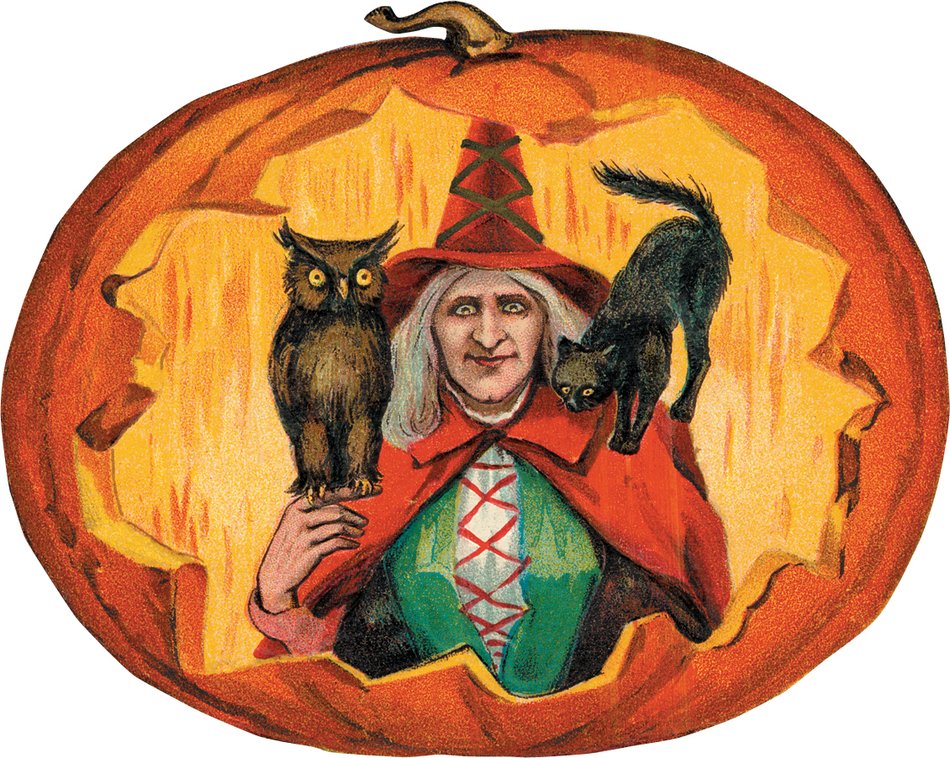 retro drawing of a witch with cats