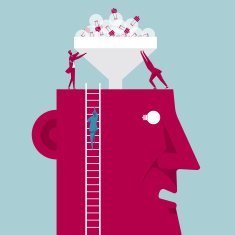 Two businessman with funnel filling a head bulb