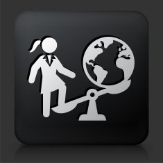 Black Square Button with Businesswoman Vs World