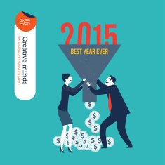Businessman and woman with funnel year 2015 money
