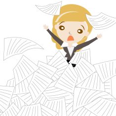 Cartoon business woman sinking in overload of paper works