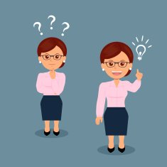 Business woman with a question mark and light bulb