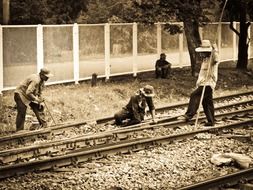 Old photo of railroad workers, thailand