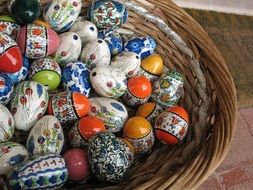 Easter eggs with a pattern in a wicker basket