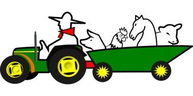 farmer driving car with animals, drawing