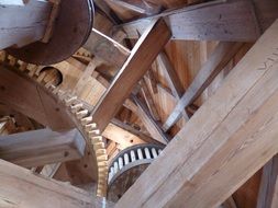 gears of a wooden mill close-up