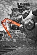 crane for a demolition in black and white background