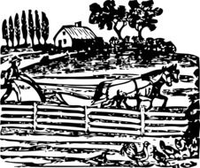 man with horse drawn plough, farming, vintage illustration
