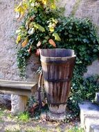wooden vase and beautiful flowers on the wall