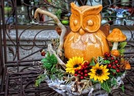 ceramic owl in a flower basket