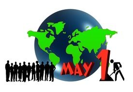 workers on the background of the globe with the words "May 1"