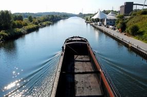 freighter ship on channel at summer, germany, ruhr