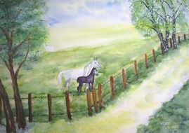 horses coupling pasture drawing