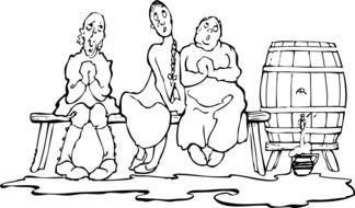 barrel of wine and three persons, drawing