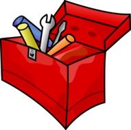 red toolbox with tools for carpentry (screwdriver, spanner, hammer)