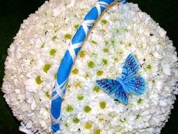 blue butterfly on a bouquet of daisies