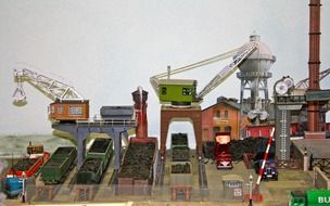 Vintage industrial models of cranes and bunkers