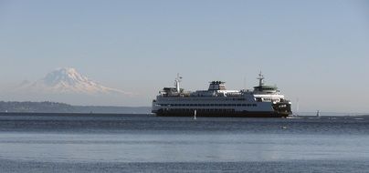 Ferry on the background Mount Rainier