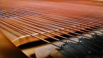 strings of wooden piano close-up