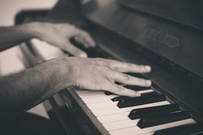 black and white photo of hands on the keys of the piano