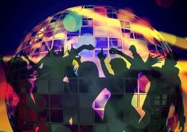 Silhouettes of people on the move against the background of a disco