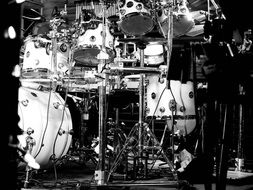 black and white photograph of the drum set