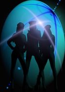 silhouettes of three girls on background blue ball