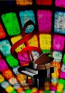 musical key and piano on the background of the colorful spectrum