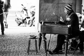 street musicians black and white photo