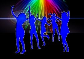 blue silhouettes of people dancing in a nightclub