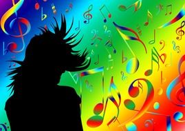 Silhouette of woman on bright background with music notes