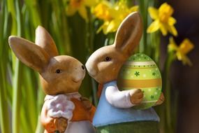 Easter bunnies on the background of flowers