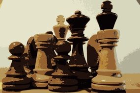 chess pieces stand together, digital art