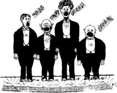 black and white drawing of people singing in the street