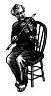 Black and white drawing of a violinist on a chair