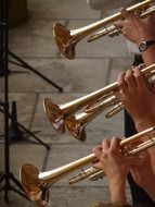 Musicians are playing on the trumpets